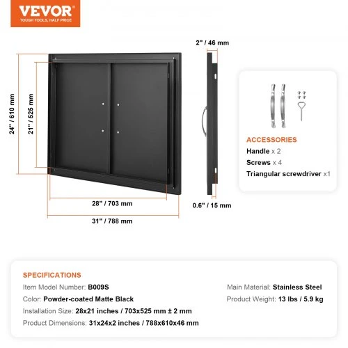 VEVOR BBQ prieigos durelės, 788x610 mm, dvigubos lauko virtuvės durelės, juodos