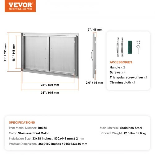 VEVOR BBQ prieigos durelės, 915x533 mm, dvigubos lauko virtuvės durelės iš nerūdijančio plieno