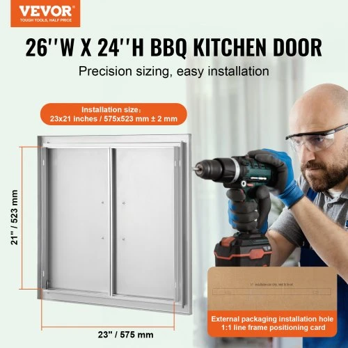 VEVOR BBQ prieigos durys, 660 x 609 mm, dvigubos lauko virtuvės durys, nerūdijančio plieno įleidžiamos durys