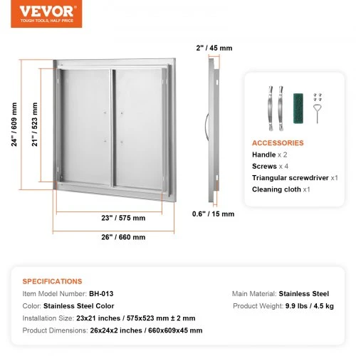 VEVOR BBQ prieigos durys, 660 x 609 mm, dvigubos lauko virtuvės durys, nerūdijančio plieno įleidžiamos durys