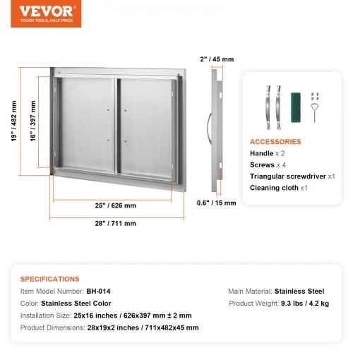 VEVOR BBQ prieigos durys, 711 x 482 mm, dvigubos lauko virtuvės durys, nerūdijančio plieno, įleistinis montavimas