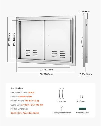 Koduva VEVOR BBQ prieigos durys, 762x533 mm dvigubos lauko virtuvės durys, nerūdijančio plieno įleidžiamos durys