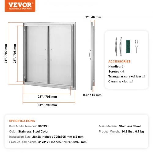 Koduva VEVOR BBQ prieigos durys, 790 x 790 mm, dvigubos, nerūdijančio plieno