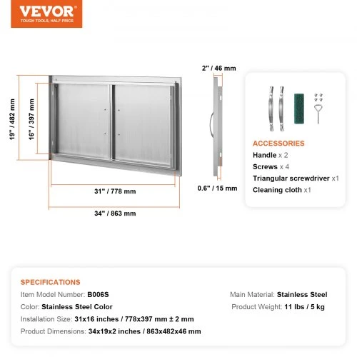 Koduva VEVOR BBQ prieigos durys, 863 x 482 mm, dvigubos lauko virtuvės durys, nerūdijančio plieno, įleidžiamos