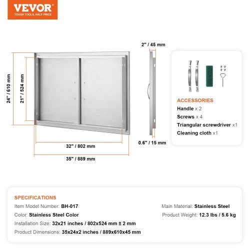 VEVOR BBQ prieigos durys, 889x610 mm dvigubos lauko virtuvės durys, nerūdijančio plieno įleistinės