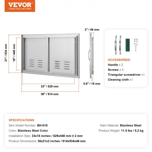 Koduva VEVOR BBQ prieigos durys, 914x534 mm dvigubos lauko virtuvės durys iš nerūdijančio plieno