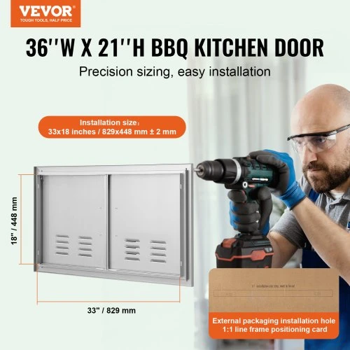 Koduva VEVOR BBQ prieigos durys, 914x534 mm dvigubos lauko virtuvės durys iš nerūdijančio plieno