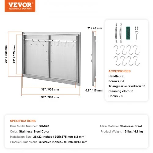 Koduva VEVOR BBQ prieigos durys, 990x660 mm dvigubos lauko virtuvės durys, nerūdijančio plieno įleidžiamos durys