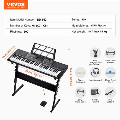 VEVOR BD-662 skaitmeninis pianinas su 61 klavišu, apšviečiami klavišai, reguliuojamas stovas