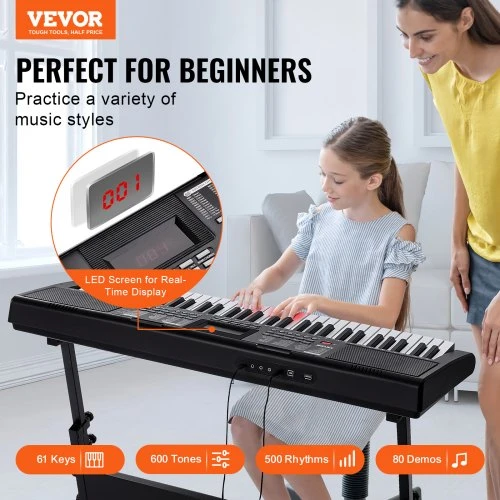 VEVOR BD-662 skaitmeninis pianinas su 61 klavišu, apšviečiami klavišai, reguliuojamas stovas