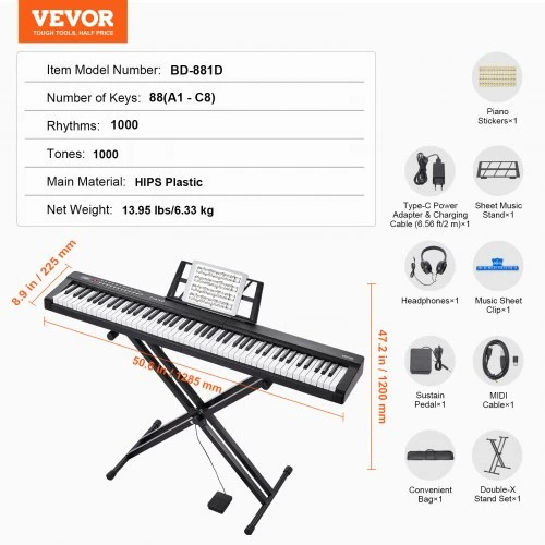 VEVOR BD-881D 88 klavišų skaitmeninis pianinas, pusiau pasverti klavišai