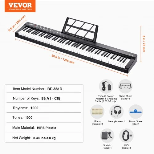 VEVOR BD-881D pusiau pasvertas skaitmeninis pianinas, 88 klavišai, juodas