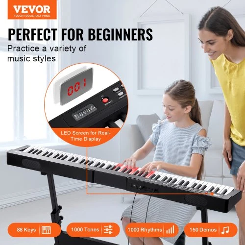 VEVOR BD-881D pusiau pasvertas skaitmeninis pianinas, 88 klavišai, juodas