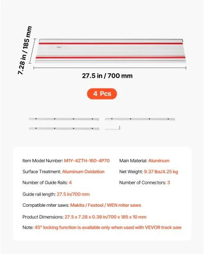 VEVOR Bėginio pjūklo kreipiančiųjų bėgelių rinkinys, 279,4 cm pjovimo diapazonas, aliuminis