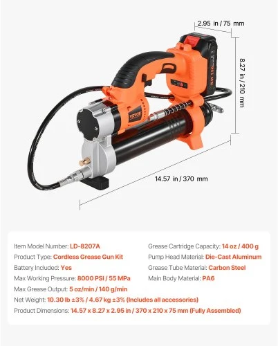 VEVOR Belaidis tepimo pistoletas, 8000 PSI, 20 V, su 2,0 Ah baterija, LED šviesa, 30 colių žarna ir dėklu