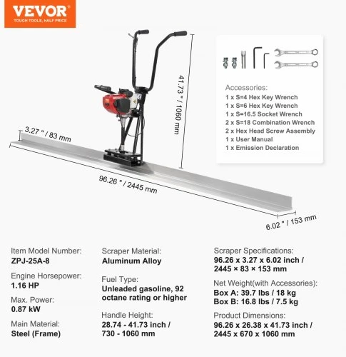 Koduva VEVOR benzininė betono lyginimo vibro liniuotė, 2445 mm aliuminio mentė, 4 taktų, 6500 RPM