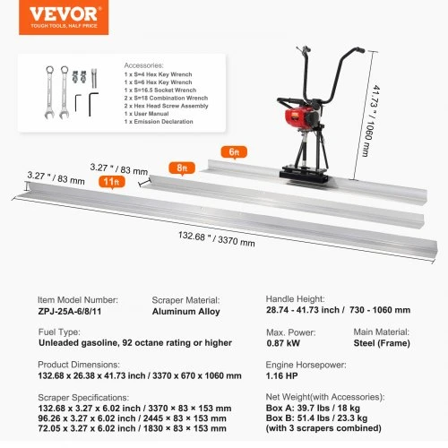 Koduva VEVOR benzininė betono vibro lyginimo mentė, 6/8/11 pėdų aliuminio lentų rinkinys, 4 taktų variklis, reguliuojamos rankenos, 6500 RPM