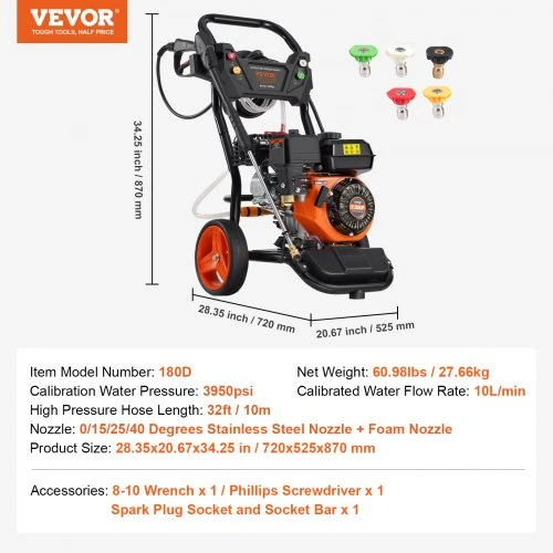 VEVOR Benzininis aukšto slėgio plovimo įrenginys, 3950 PSI, 10 l/min, su variniu siurbliu