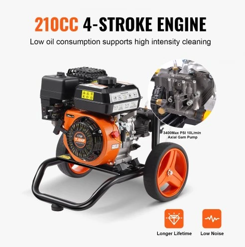 VEVOR Benzininis aukšto slėgio plovimo įrenginys, 3400 PSI, 2,6 GPM, su aliuminio siurbliu, 5 purkštukų rinkiniu