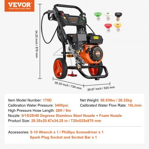 VEVOR Benzininis aukšto slėgio plovimo įrenginys, 3400 PSI, 2,6 GPM, su aliuminio siurbliu, 5 purkštukų rinkiniu