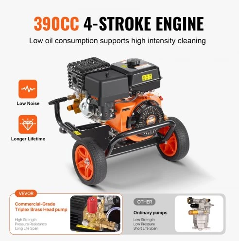 VEVOR Benzininis aukšto slėgio plovimo įrenginys, 4400 PSI, 15 l/min, su variniu siurbliu ir 5 purkštukais