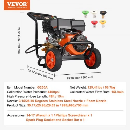 VEVOR Benzininis aukšto slėgio plovimo įrenginys, 4400 PSI, 15 l/min, su variniu siurbliu ir 5 purkštukais