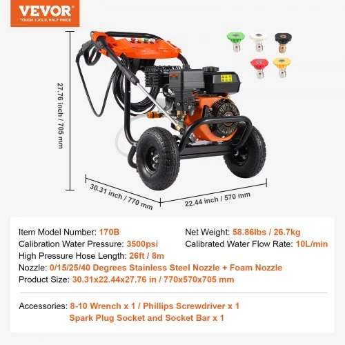 VEVOR Benzininis aukšto slėgio plovimo įrenginys, 3500 PSI, 10 l/min, su aliumininiu siurbliu ir 5 antgalių rinkiniu