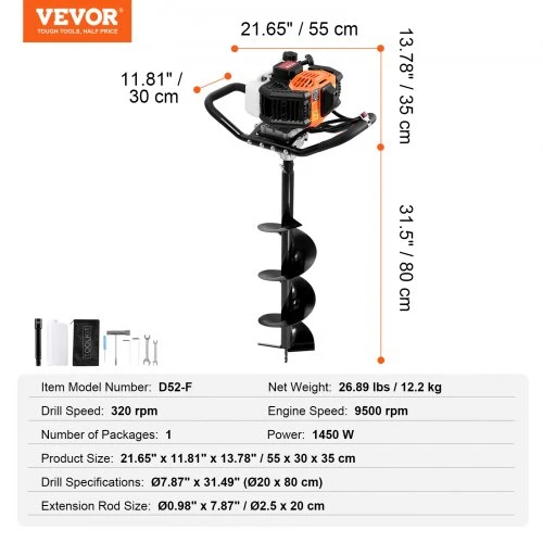 VEVOR Benzininis grunto grąžtas 52CC 1450 W, 200 mm, su 1 ilginamuoju strypu, oranžinis ir juodas