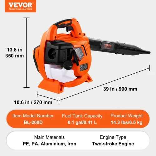 Koduva VEVOR benzininis lapų pūstuvas, 26 CC, 2 taktų, rankinis, 425 CFM, 156 MPH
