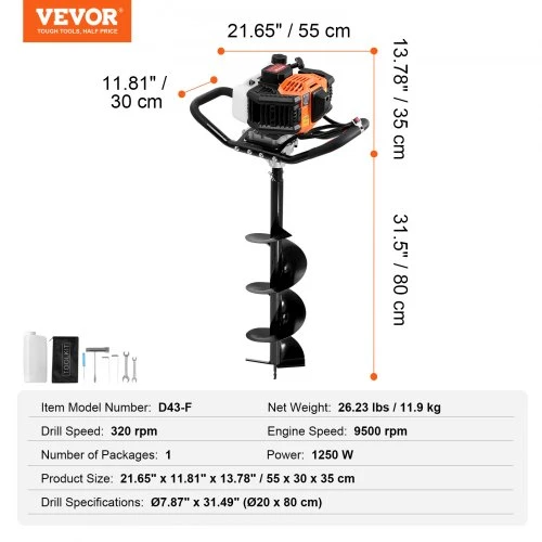 Koduva VEVOR benzininis žemės grąžtas D43-F, 1250 W, oranžinis juodas