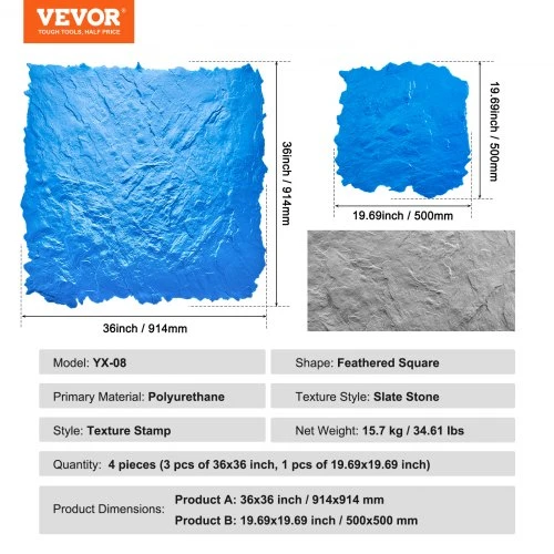 VEVOR Betono štampai, 4 vnt., 36 x 36 col. ir 18 x 18 col., šiferio akmens tekstūra