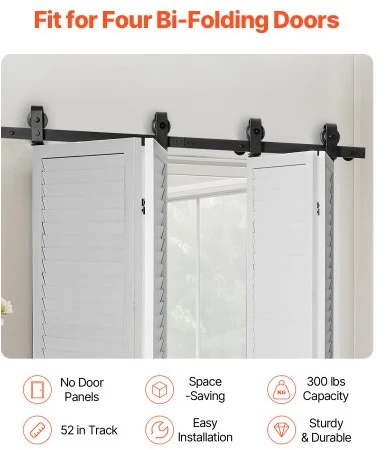 VEVOR Bi-folding stumdomų tvartelio durų furnitūros bėgelio rinkinys, 52" viršutinis montavimas, juodas