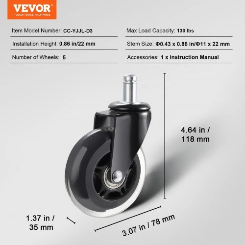 Koduva VEVOR biuro kėdės ratukai, 5 vnt., 7,6 cm, 59,0kg apkrova
