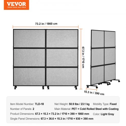 VEVOR Biuro pertvara, 2 panelių laisvai pastatoma pertvara, šviesiai pilka