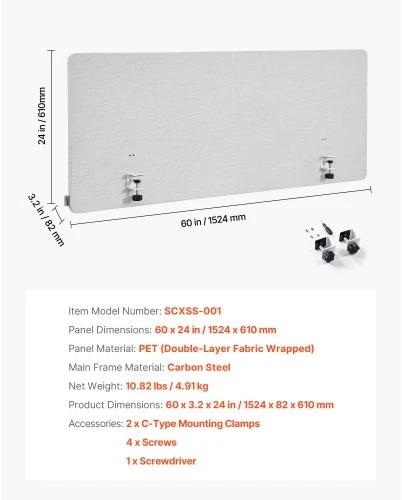 VEVOR Biuro stalo pertvara privatumo panelė, 1524 x 610 mm, užspaudžiama, su 2 C tipo spaustukais