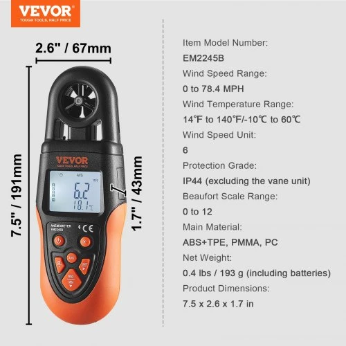 Koduva VEVOR Bluetooth rankinis anemometras, LED pašvietimo ekranas, 14°F–140°F, EM2245B