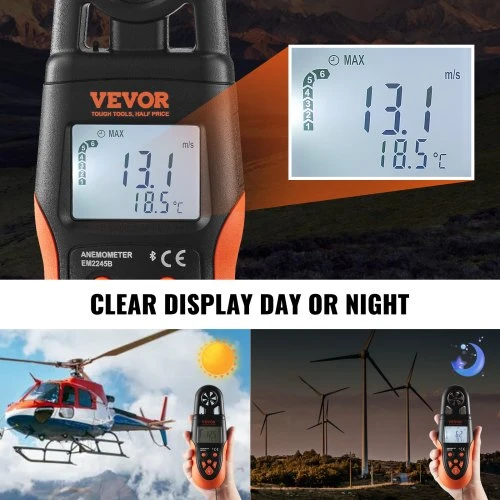 Koduva VEVOR Bluetooth rankinis anemometras, LED pašvietimo ekranas, 14°F–140°F, EM2245B