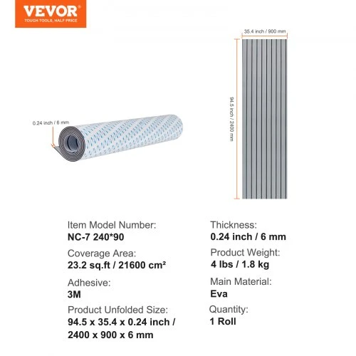 Koduva VEVOR boat flooring EVA putų danga valtims, 240 x 89,9 cm, savaime lipni, pilka
