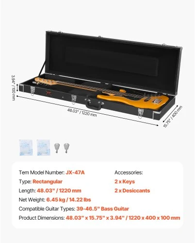 VEVOR Bosinės gitaros kietas dėklas 122 cm, su užraktu ir raktais