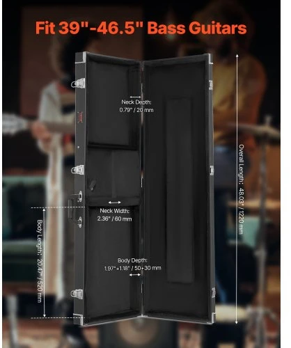 VEVOR Bosinės gitaros kietas dėklas 122 cm, su užraktu ir raktais