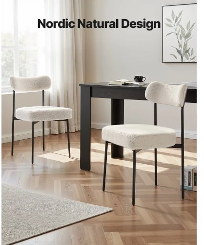 Koduva VEVOR boucle valgomojo kėdės, 2 vnt., „Mid-Century Modern“ stiliaus, baltos, su juodomis metalinėmis kojelėmis