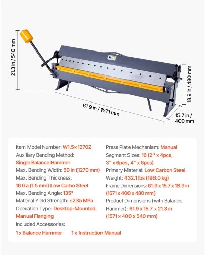 Koduva VEVOR box and pan brake, 1270 mm lakštinio metalo lenkimo staklės, 16 segmentų, 0–135°
