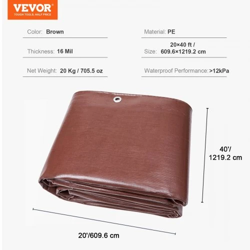 Koduva VEVOR brezentas 20 x 40 ft, 16 mil, rudas