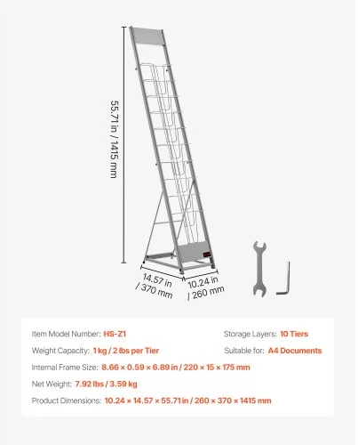 VEVOR Brošiūrų stovas, 10 kišenių žurnalams ir leidiniams, pastatomas, sidabrinis