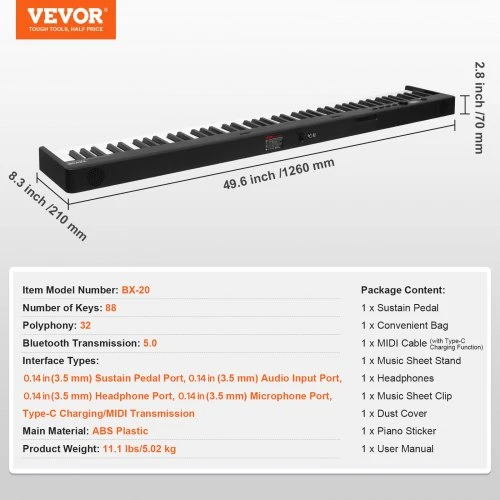 VEVOR BX-20 88 klavišų sulankstomas skaitmeninis pianinas, juodas
