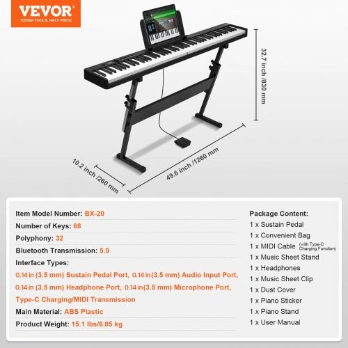 VEVOR BX-20 nešiojamas skaitmeninis pianinas, Bluetooth ir MIDI, juodas