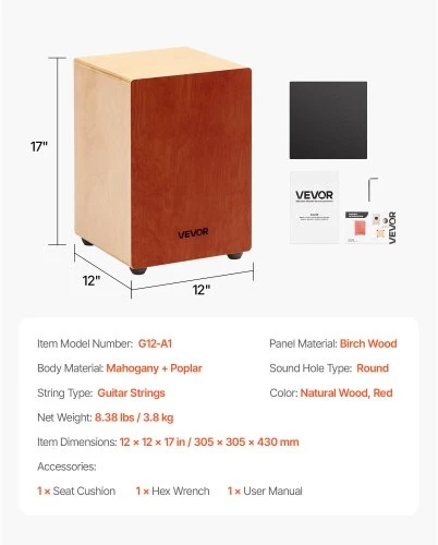 VEVOR Cajon būgnas G12-A1, natūralios medienos / raudonas, 305 x 305 x 430 mm