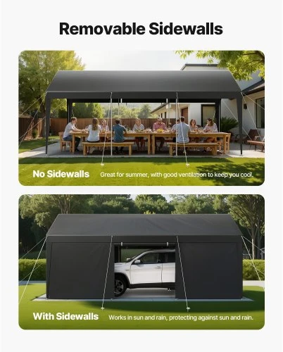 Koduva VEVOR carportas 12 x 20 FT, pilkas, su nuimamomis šoninėmis sienelėmis ir durimis