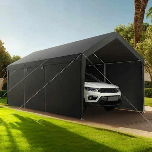 Koduva VEVOR carportas 12 x 20 FT, pilkas, su nuimamomis šoninėmis sienelėmis ir durimis