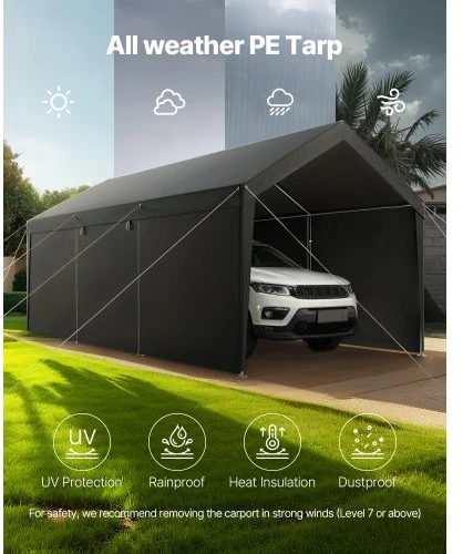 Koduva VEVOR carportas 12 x 20 FT, pilkas, su nuimamomis šoninėmis sienelėmis ir durimis